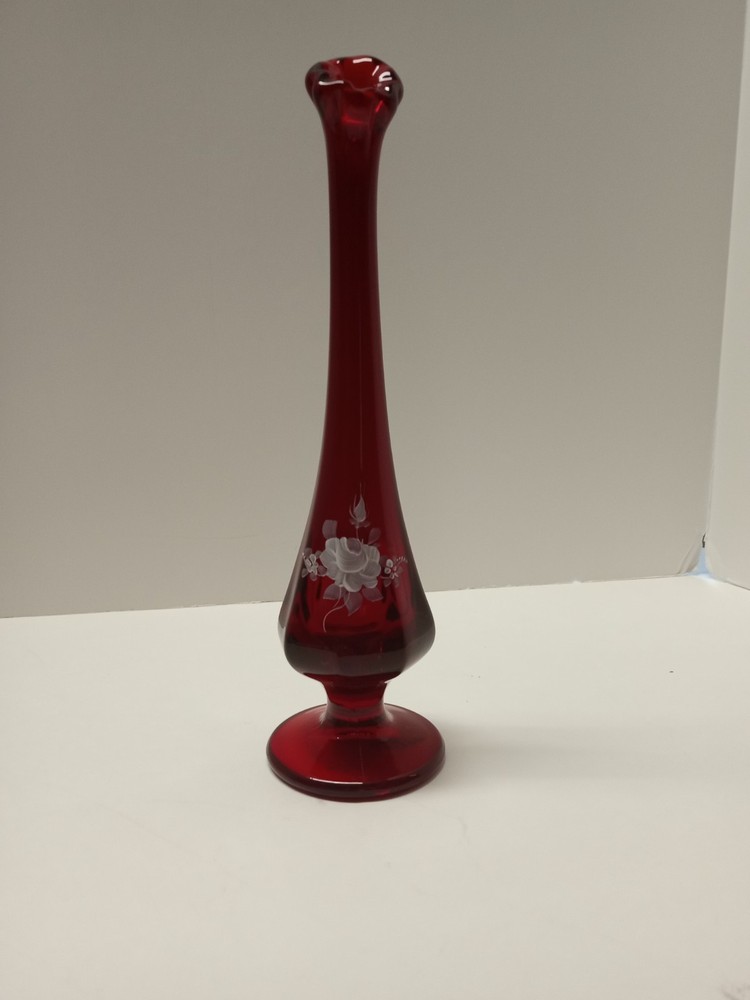 Vtg Fenton Ruby Red Glass Bud Vase Hand-painted Signed