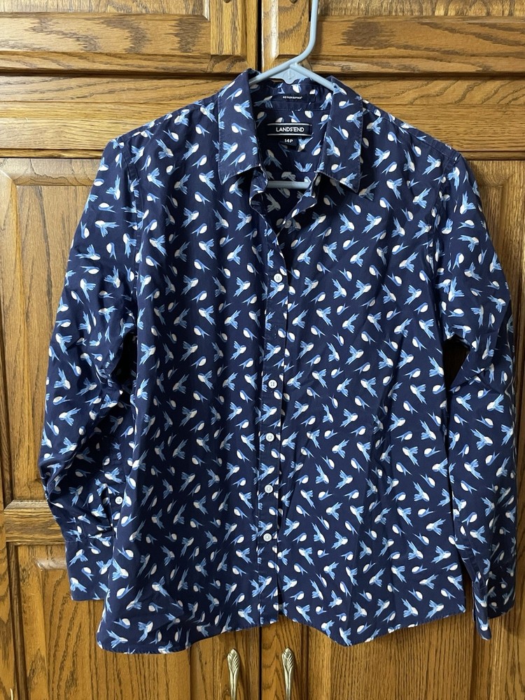 Lands End No Iron Supima Women’s Button Up Shirt W/ Bird Print Pattern Size 14 P