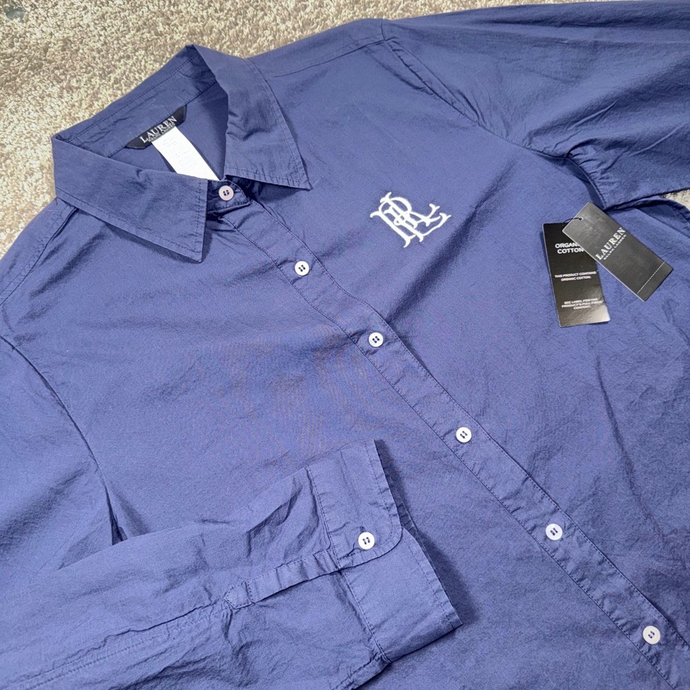 Lauren Ralph Lauren Button Down Women Monogram Sleep Shirt Tunic Navy Blue L NEW
