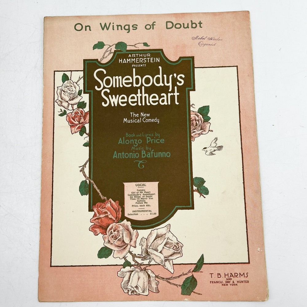 1919 On Wings of Doubt Vintage Sheet Music SOMEBODY'S SWEETHEART Bafunno, Price