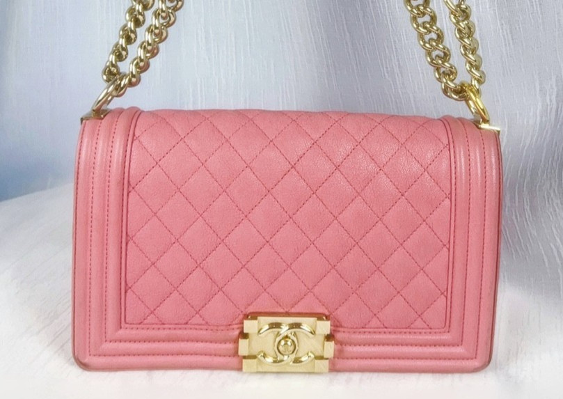 CHANEL Leboy MM Calfskin Chain Shoulder bag Women Pink Gold Classic
