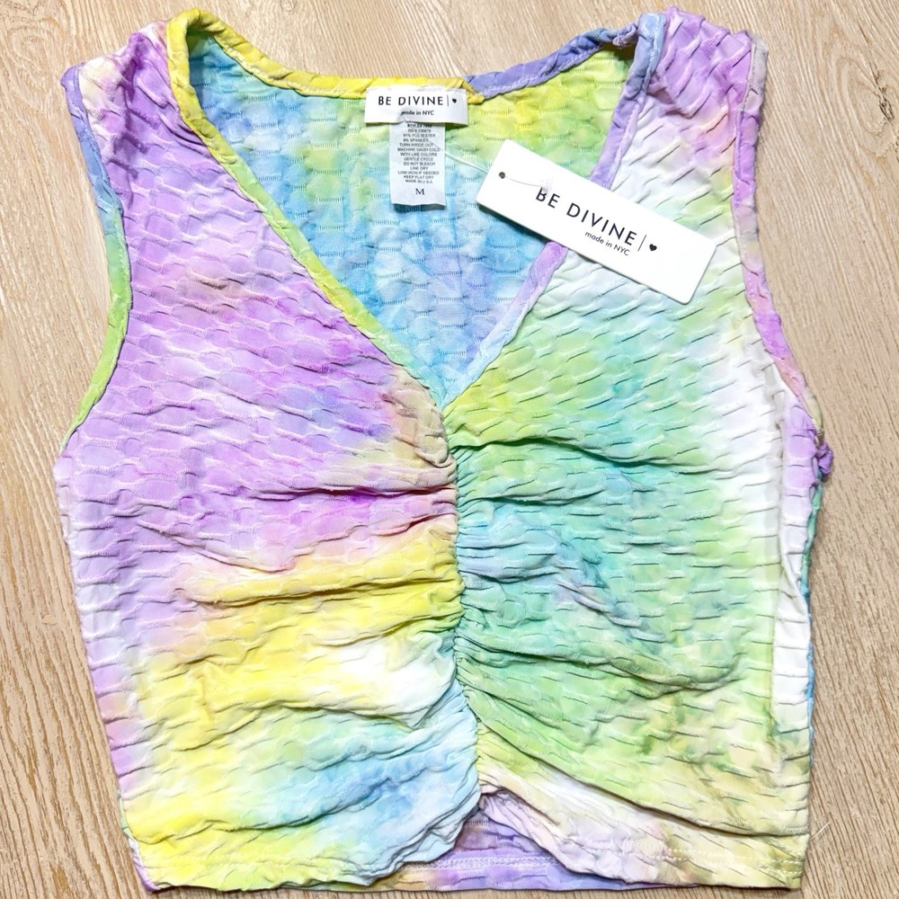Be Divine Ruched Crop Top Womens Medium Pastel Tie Dye Tank Y2K Coquette