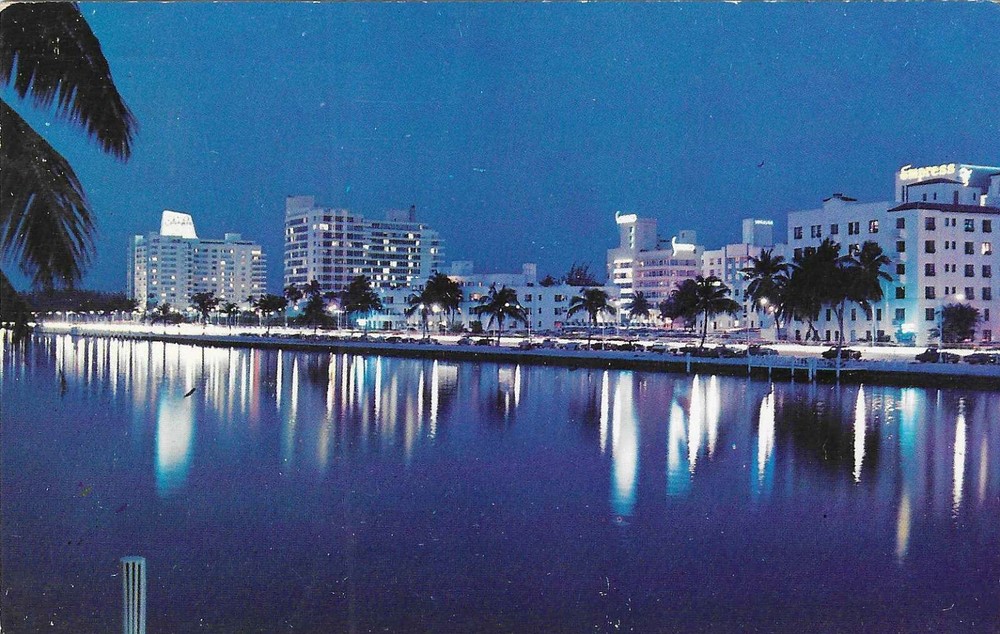 Vintage Florida Chrome Postcard Miami Beach Hotels Night From Indian Creek