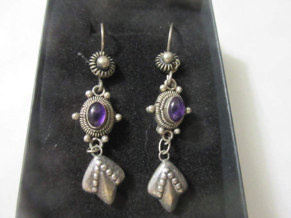 Vintage Sterling Purple Cabochon Beading Drops Dangles Pierced Earrings Hooks