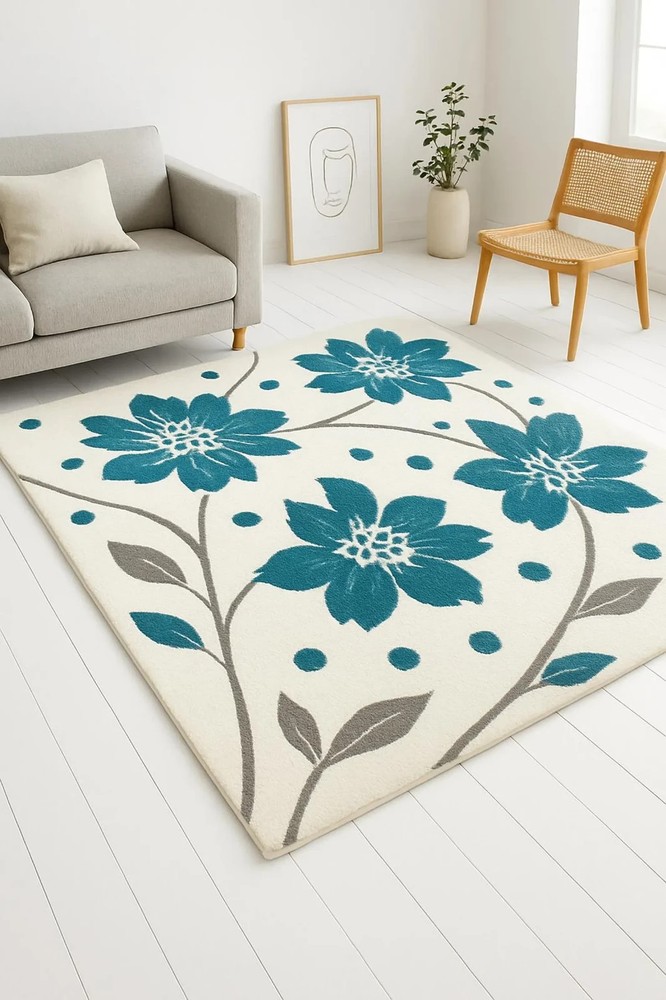 Modern Floral Area Rug – Cream & Teal Blue Flower Carpet | Soft Living Room Rug