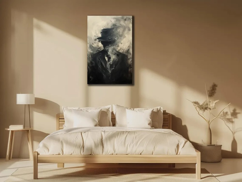 Man With Hat Black & White Grey Paint Unframed Canvas Print Australian Wall Art