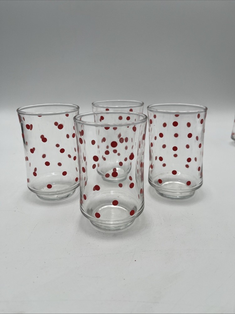 4 Rare Vintage Libbey Red Polka dot small Juice 8 oz Glasses Tumblers Set