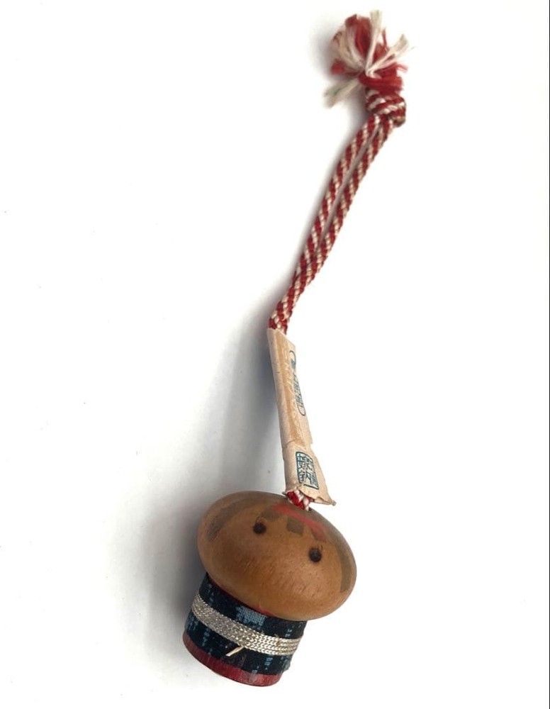 Showa Retro Kokeshi Doll Girl with Bell Wooden Folk Art Souvenir