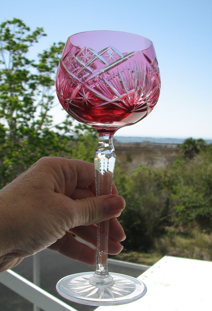 Vintage German Lead Crystal Hock Wine Goblet red Cut to clear Glass 8