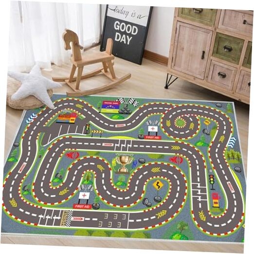 Kids Rug, Race Track Playmat Rugs 70×47 in Kids Carpet with Rubber Backing,