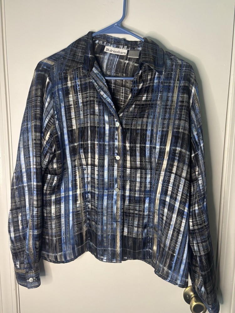 Dress Barn Women's Glitter Button Up Shirt Long Sleeve Size L Semi Sheer