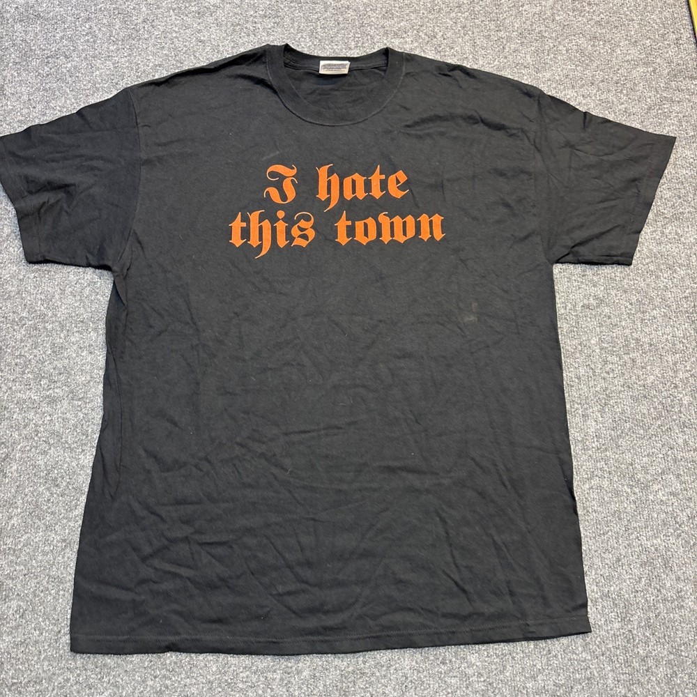 Vintage Hanes Heavyweight Emo Punk T-Shirt I Hate This Town Black Tee XL Y2K