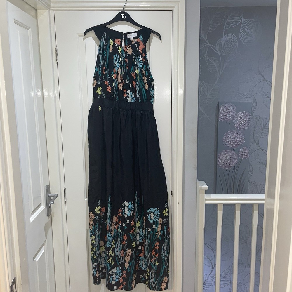 Apricot Black Colourful Floral Halter Party Formal Sleeveless Maxi Dress Size 14