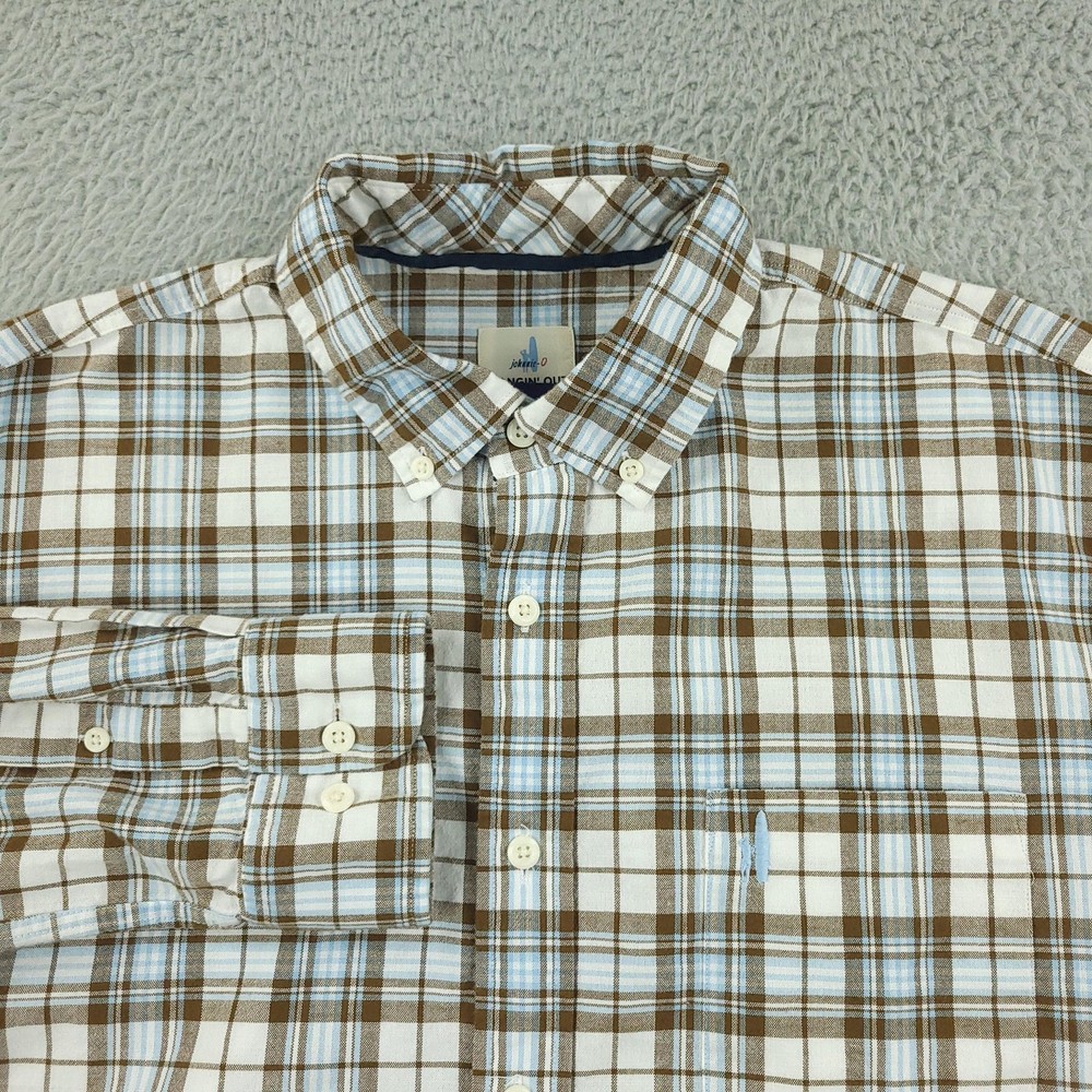 johnnie-O Shirt Mens Large Brown Blue Plaid Hangin' Out Button Down Long Sleeve