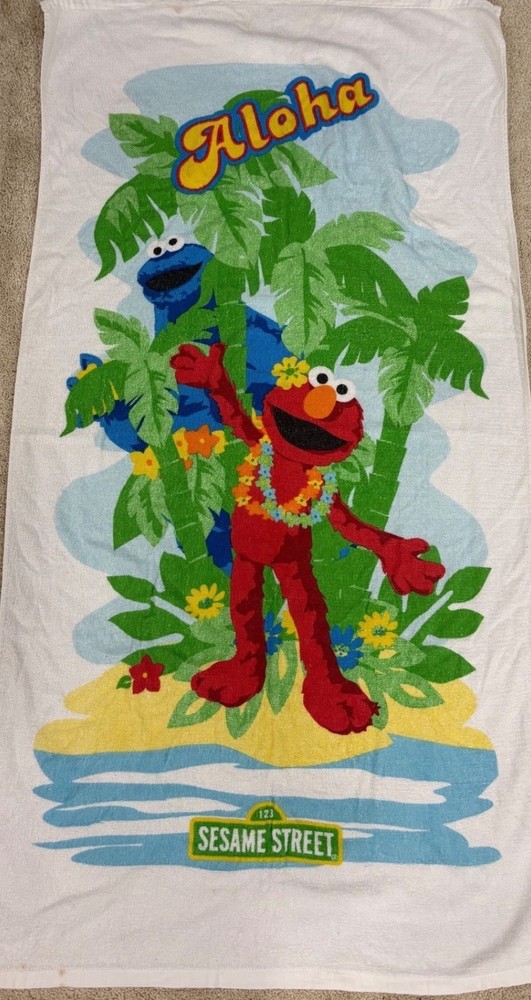 Vintage Sesame Street Elmo & Cookie Monster Aloha Beach Towel Kids Pool Fun