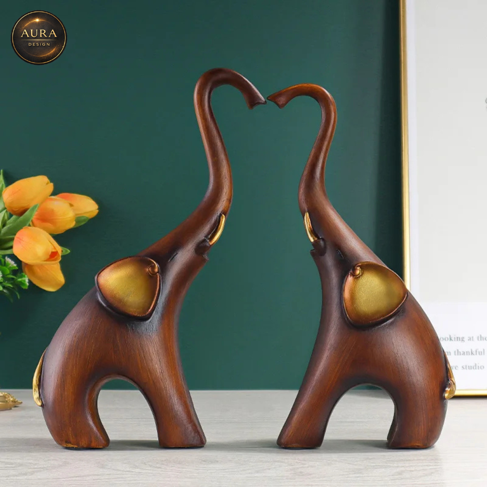 🏛 Modern Decorative Statue Elephants Wooden Style 25cm ✨ Collectible...
