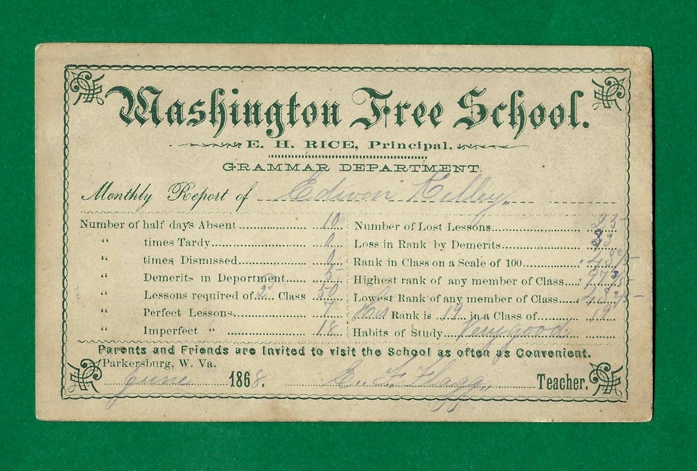 Parkersburg, WV June 1868 WASHINGTON FREE SCHOOL report card for Edwin Kelly, VF