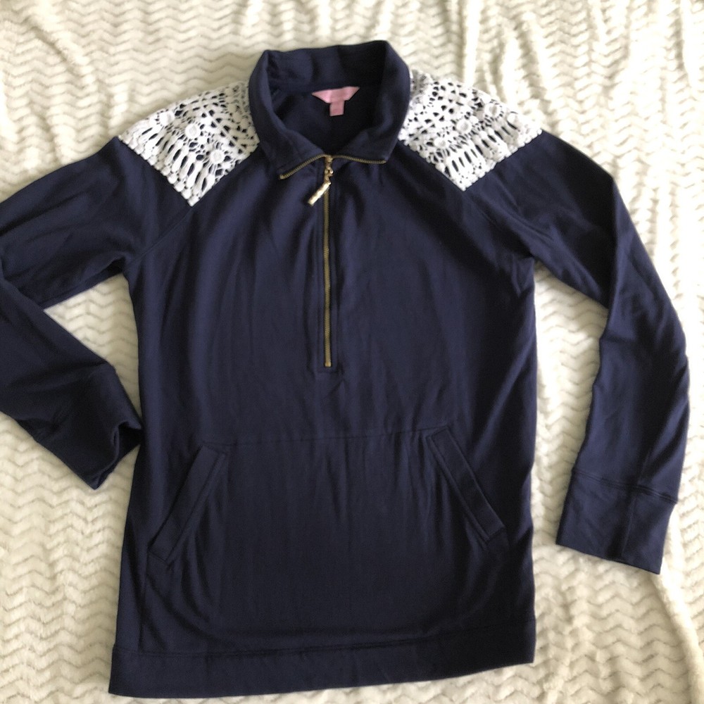 Lilly Pulitzer Jacket Womens M Blue 1/2 Zip Crochet Lace Sweatshirt Pullover