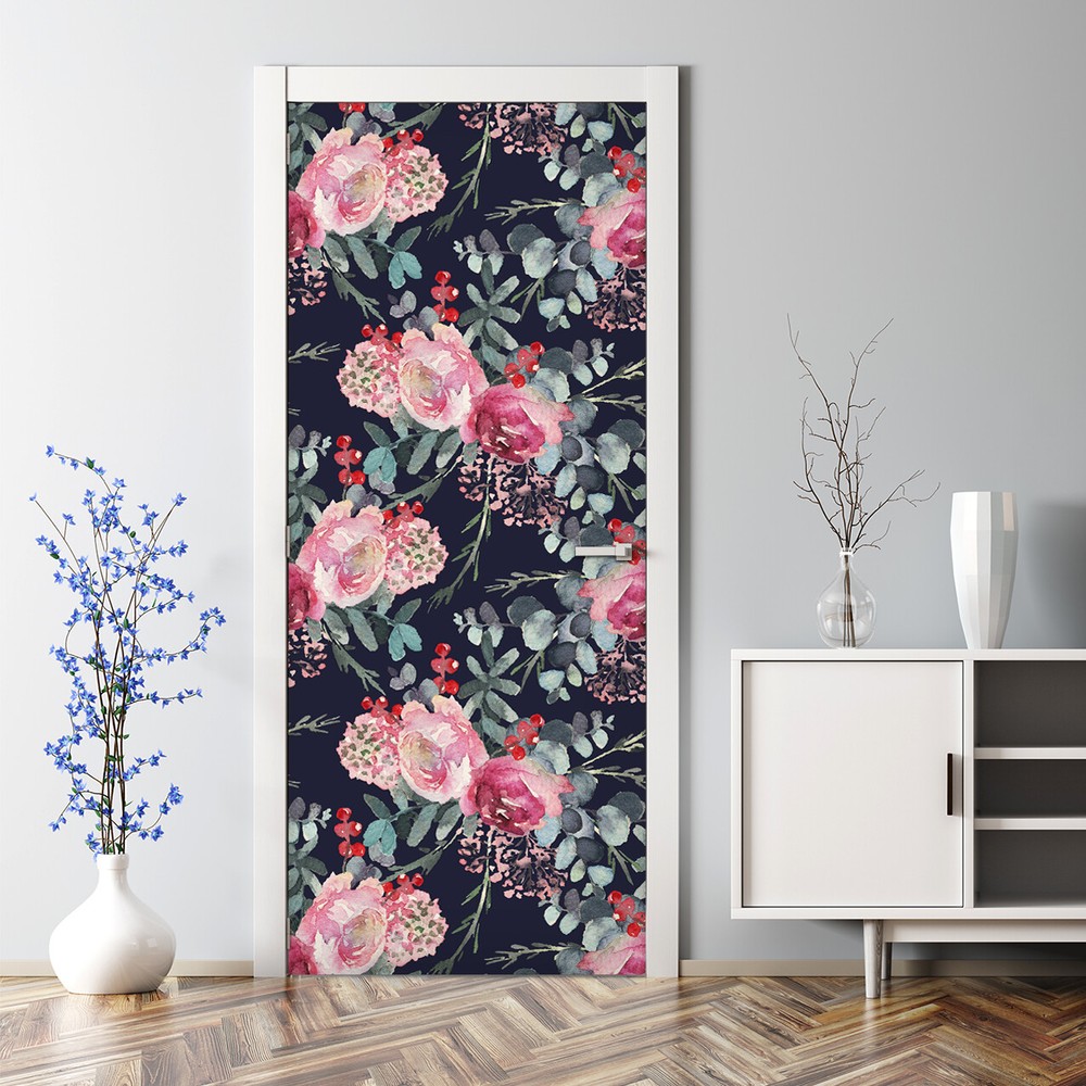 Adhesive Door sticker Dark floral Roses with Rowan Pattern Vintage Watercolour