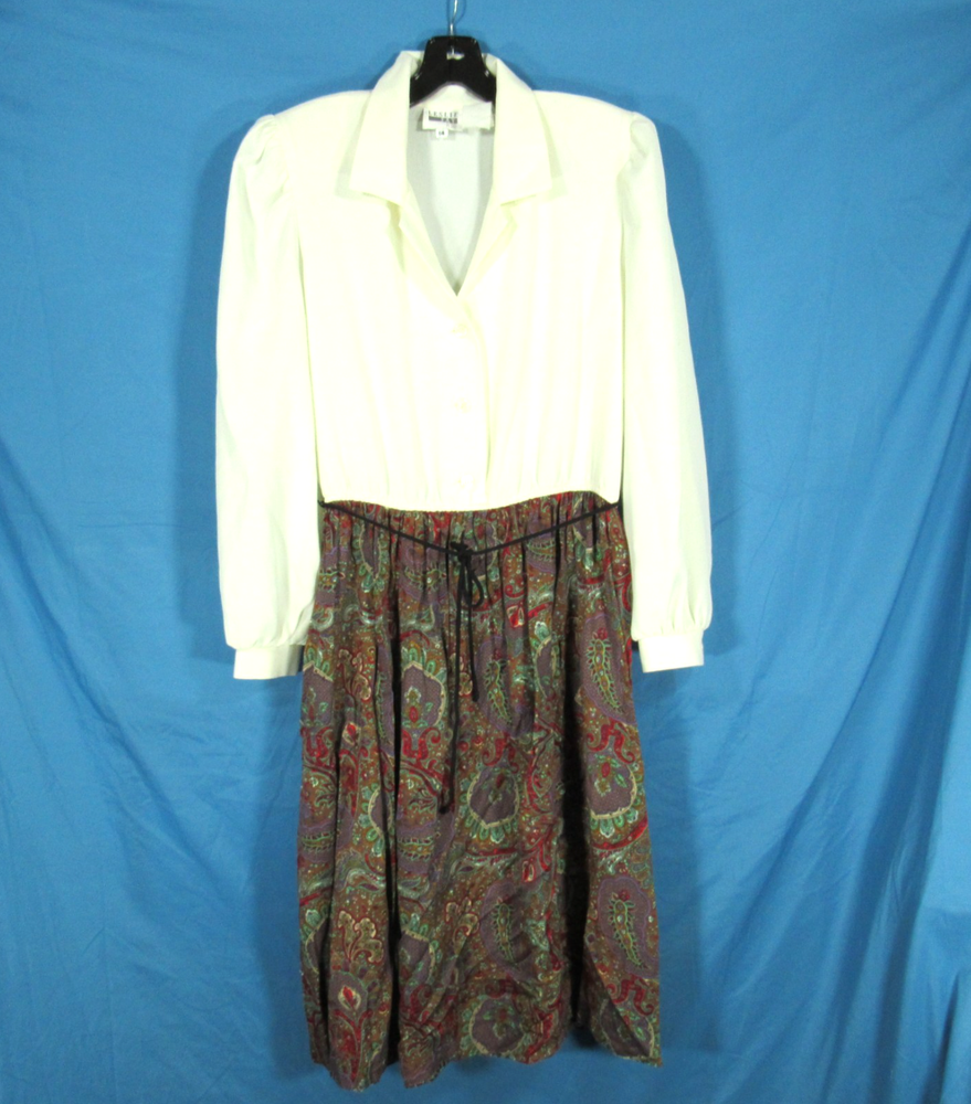 VTG LESLIE FAY PETITE Ivory/Brown CREPE Paisley PLEATED SKIRT Button DRESS 14P