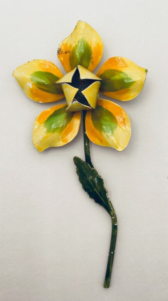 Vintage Enamel Metal Flower Brooch Mid Century Yellow & Green Daisy Pin
