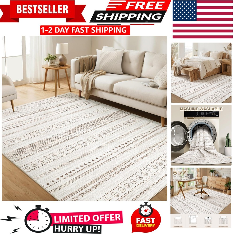 5x7 Area Rug Living Room Washable Boho Rugs with Non Slip Backing Large Soft