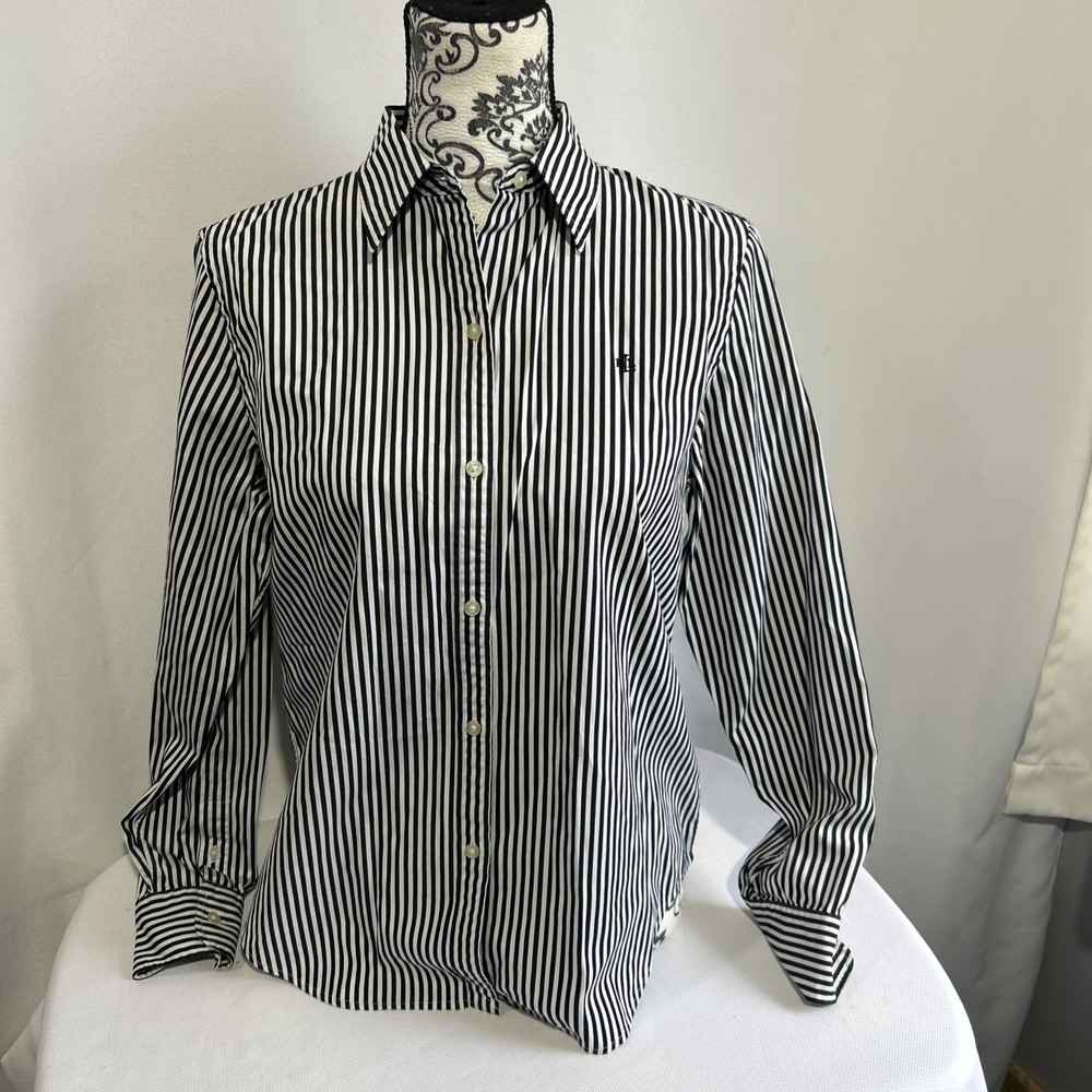 Lauren Ralph Lauren Black & White Striped Button-Up Shirt Women’s Size Medium