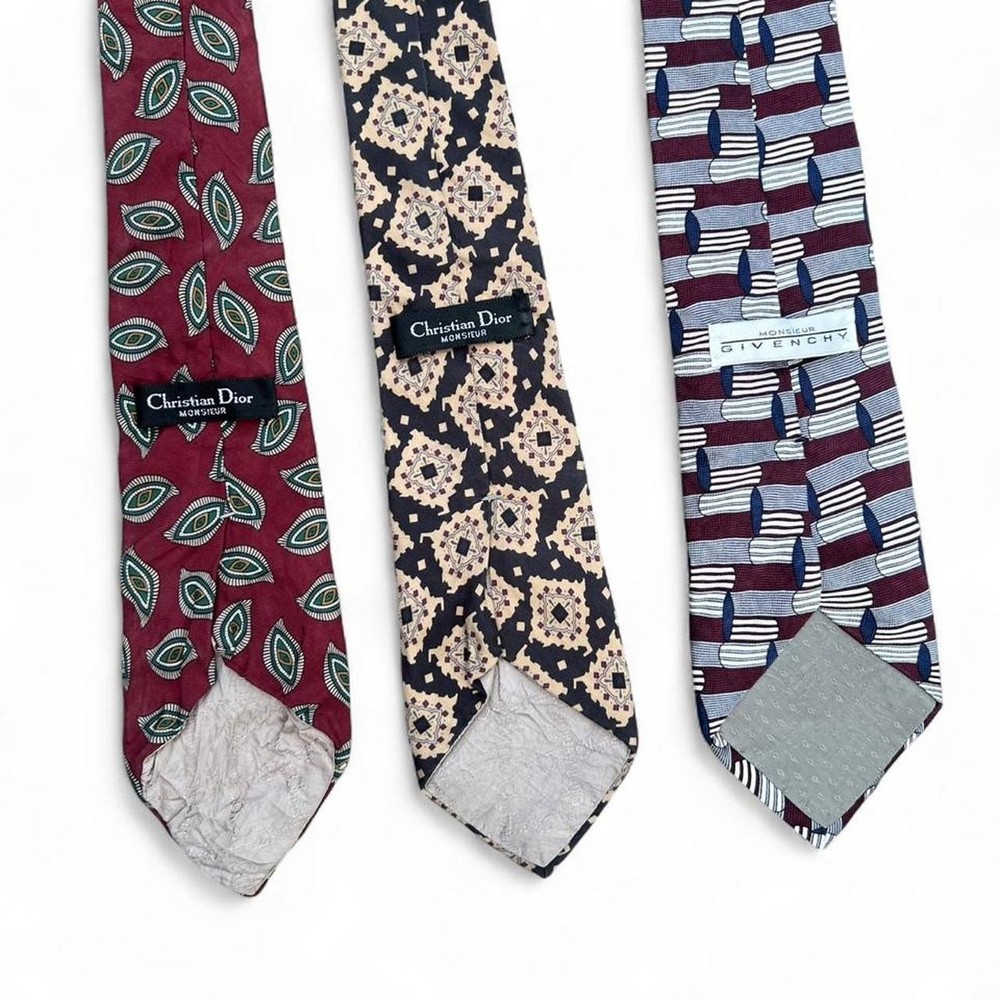 Lot of 3 Christian Dior Givenchy Monsieur Vintage Silk Ties - Paisley Geometry