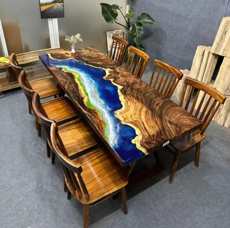 Ocean Dining Epoxy Table, Live Edge Ocean Table For Modern Furniture Decor