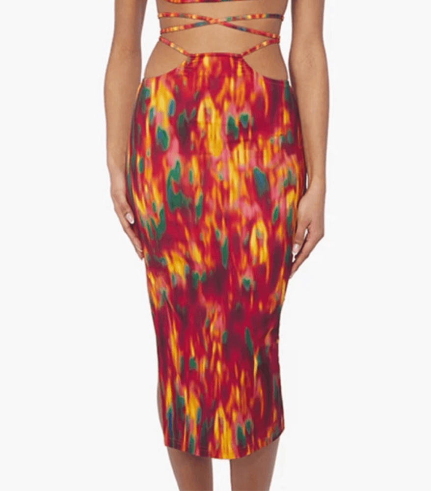 Weworewhat Cut Out Lace Up Midi Skirt in Fire Tie Dye Stretch Size Large NWT Perfect for Beach Vacay