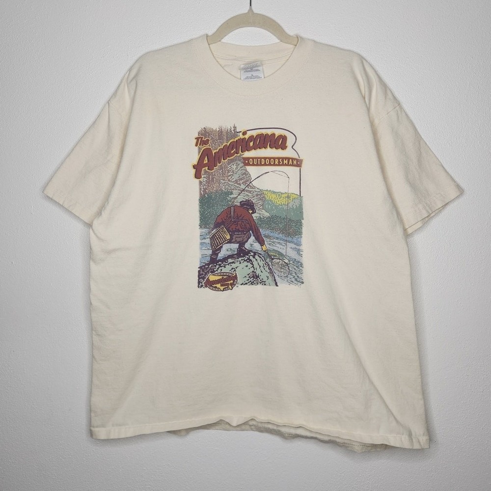 Vintage Americana Outdoorsman Magazine Fly Fishing Nature Art Shirt Gildan XL