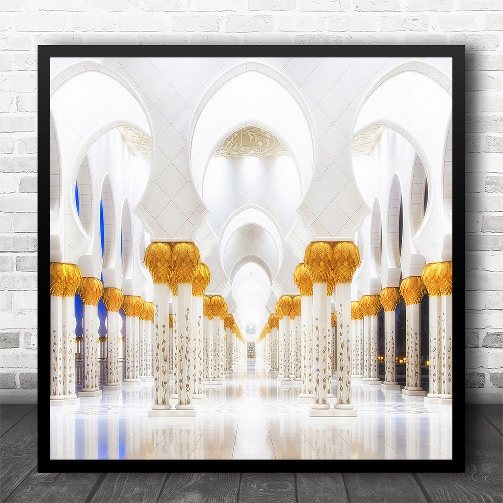 Architecture Gold Mosque Travel Uae White Arch Arches Landmark Square Art Print