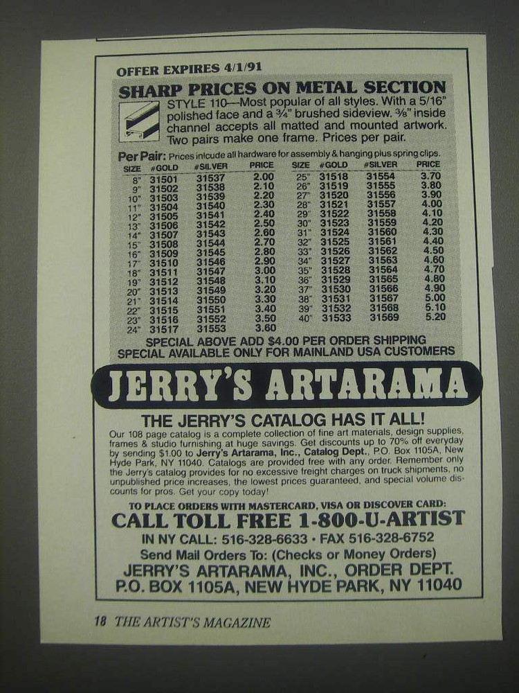 1991 Jerry's Artarama Ad - Offer expires 4/1/91 Sharp prices on metal section