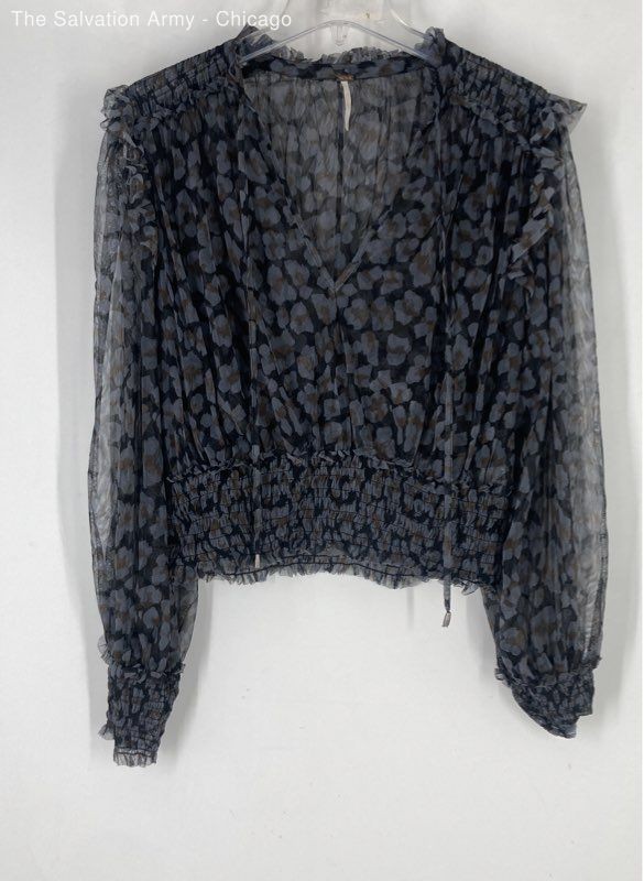 Free People Womens Multicolor Animal Print Long Sleeve Smocked Blouse Top Sz XL