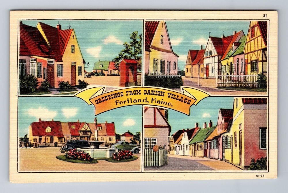 Portland ME-Maine, Greetings from Danish Village, Vintage Postcard