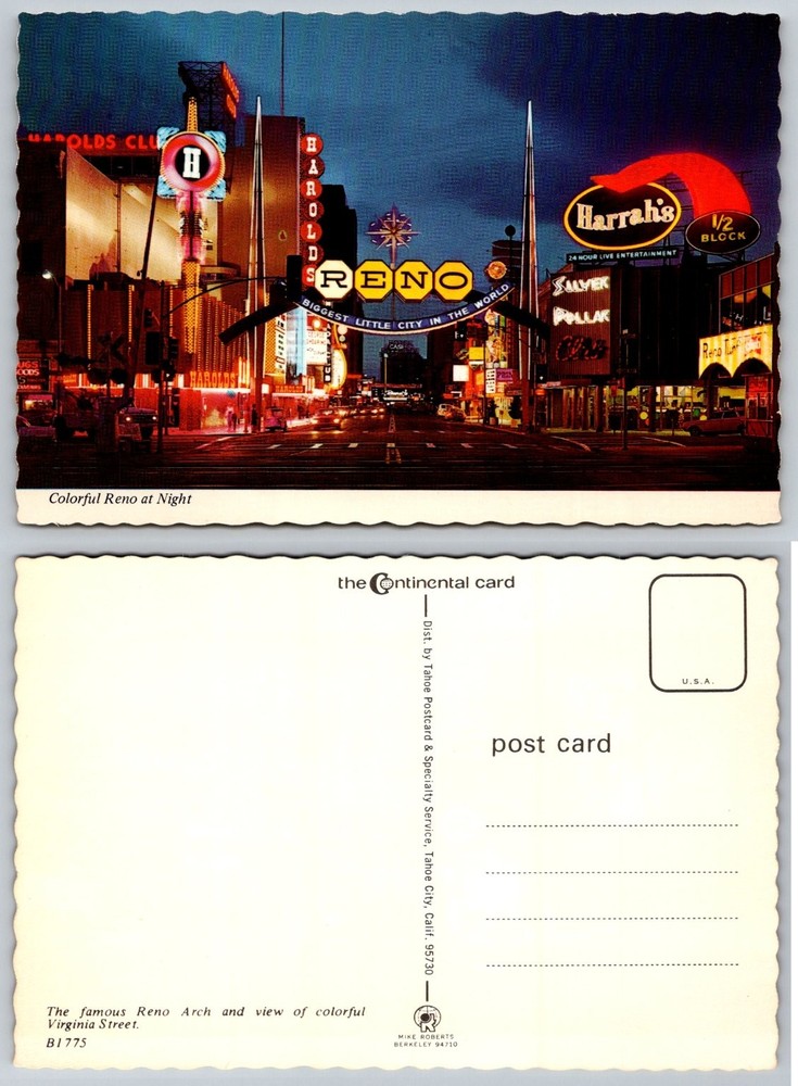 Reno Arch Nevada Night View Vintage Postcard Harrah's Harold's Club Chrome