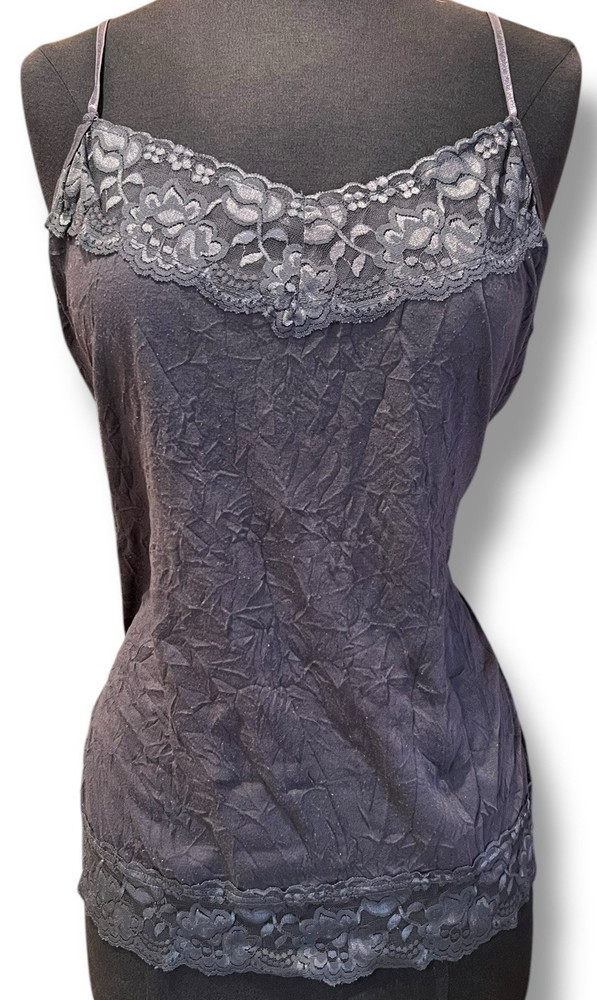 VTG Cami Crinkle Tank Sz L Gray/Blue Lace Top Elena Gilbert Fairy Goth New Y2k