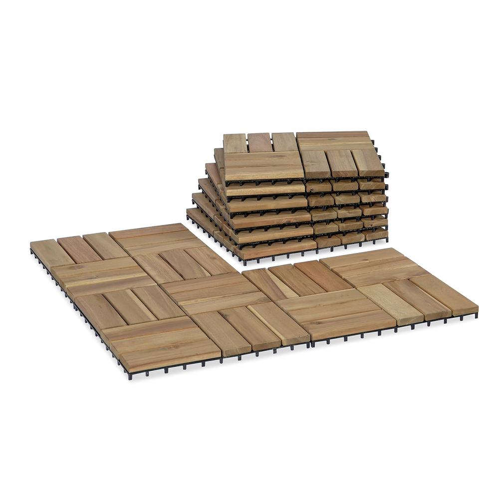 Acacia Wood Patio Deck Tiles - 9 Pack Interlocking 12-Slat Decking for Outdoor Spaces-image