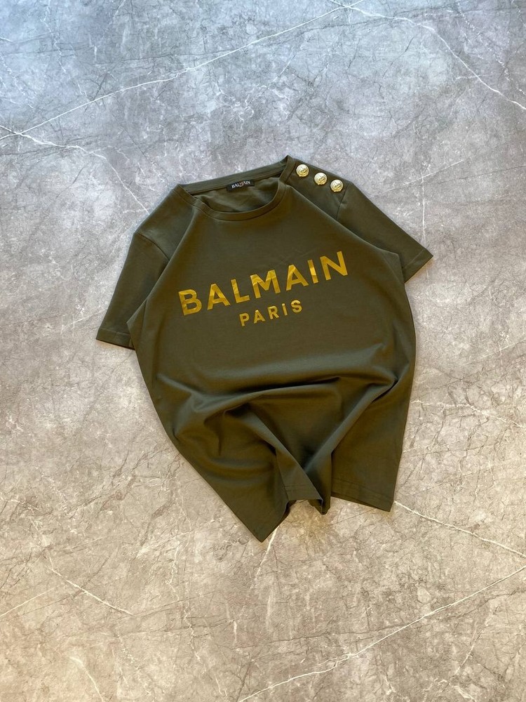 Rare Balmain Paris Big Center Logo Cropped T shirt Olive Size S