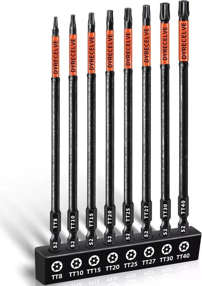 6 Inch Long Torx Bit Set 8-Pack, Impact Torx Bits (T8 to T40), Magnetic Security