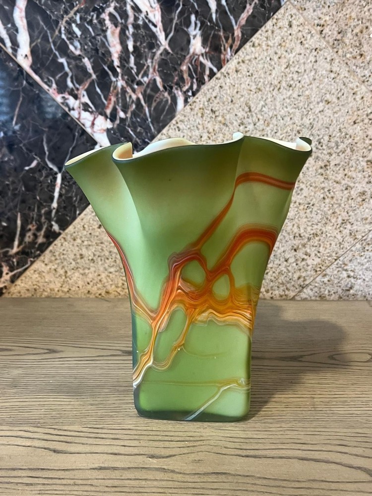 Vintage Handblown Art Glass with Ruffled Rim and Threaded Overlay Vase 9 1/2