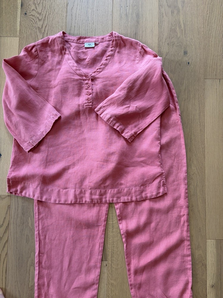 Hot Cotton Women’s XL Pink 2 Piece Set 100% Linen Top and Pants Elastic Waist