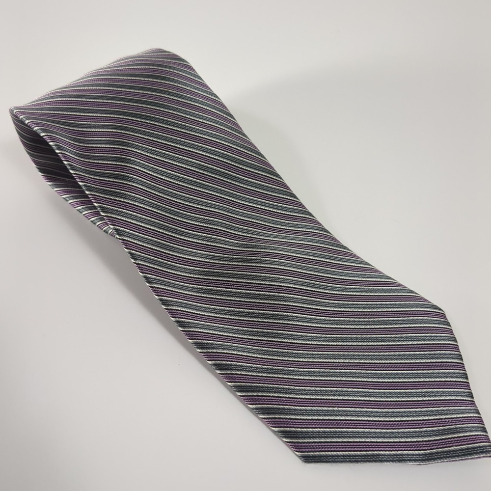 Silk Tie CLAIBORNE 100% Men's Purple Green Striped Necktie 59