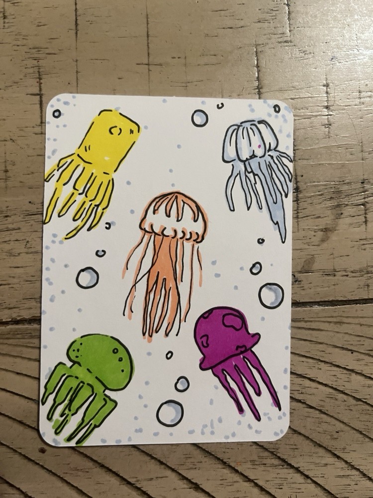 ACEO Colorful Jellyfish Species Sharpie Art Card With Secret Doodle On Back