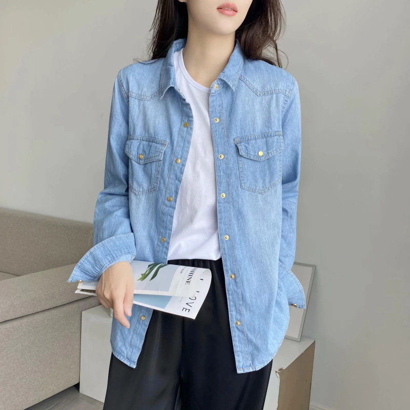 Women's Solid Color Simple Slim Denim Shirt Casual Long Sleeve Shirt Jacket