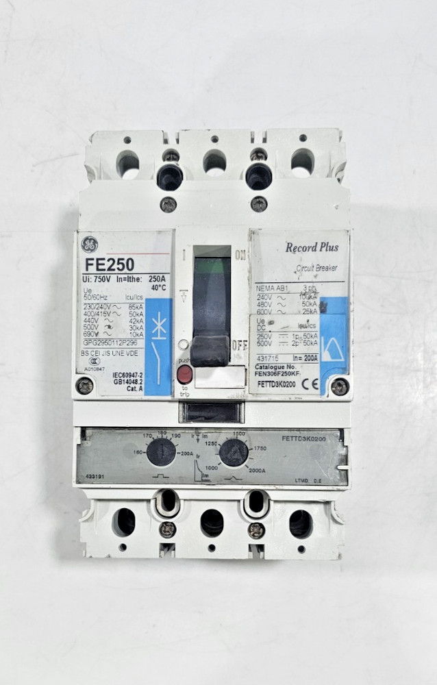 GE Record Plus FE 250 FEN306F250KF FETTD3K0200 Circuit Breaker 200A 690V 3P 42KA