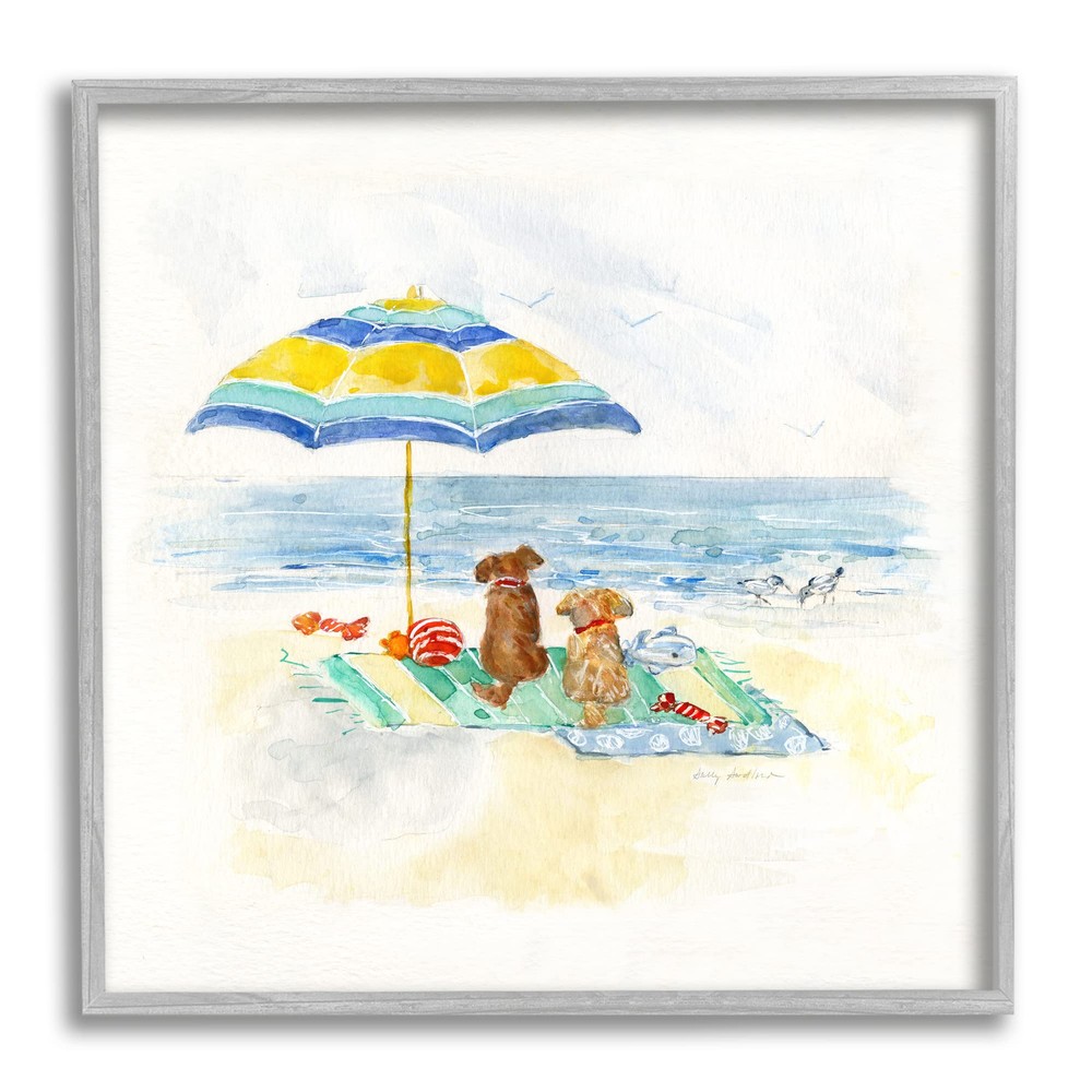 Cute Playful Dogs Under Beach Umbrella Painting by Sally
