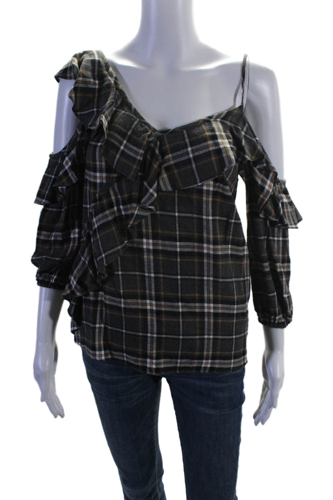 Bailey 44 Womens Plaid Ruffle V Neck Long Sleeve Off Shoulder Top Gray Size XSFree Shipping in US $100+ Orders | $6.95 Orders Below