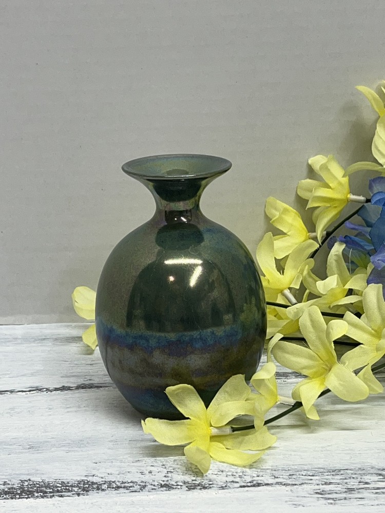 Studio Art Pottery Signed J M Green Blue  Metallic Glazed 5 In. Ceramic Bud Vase