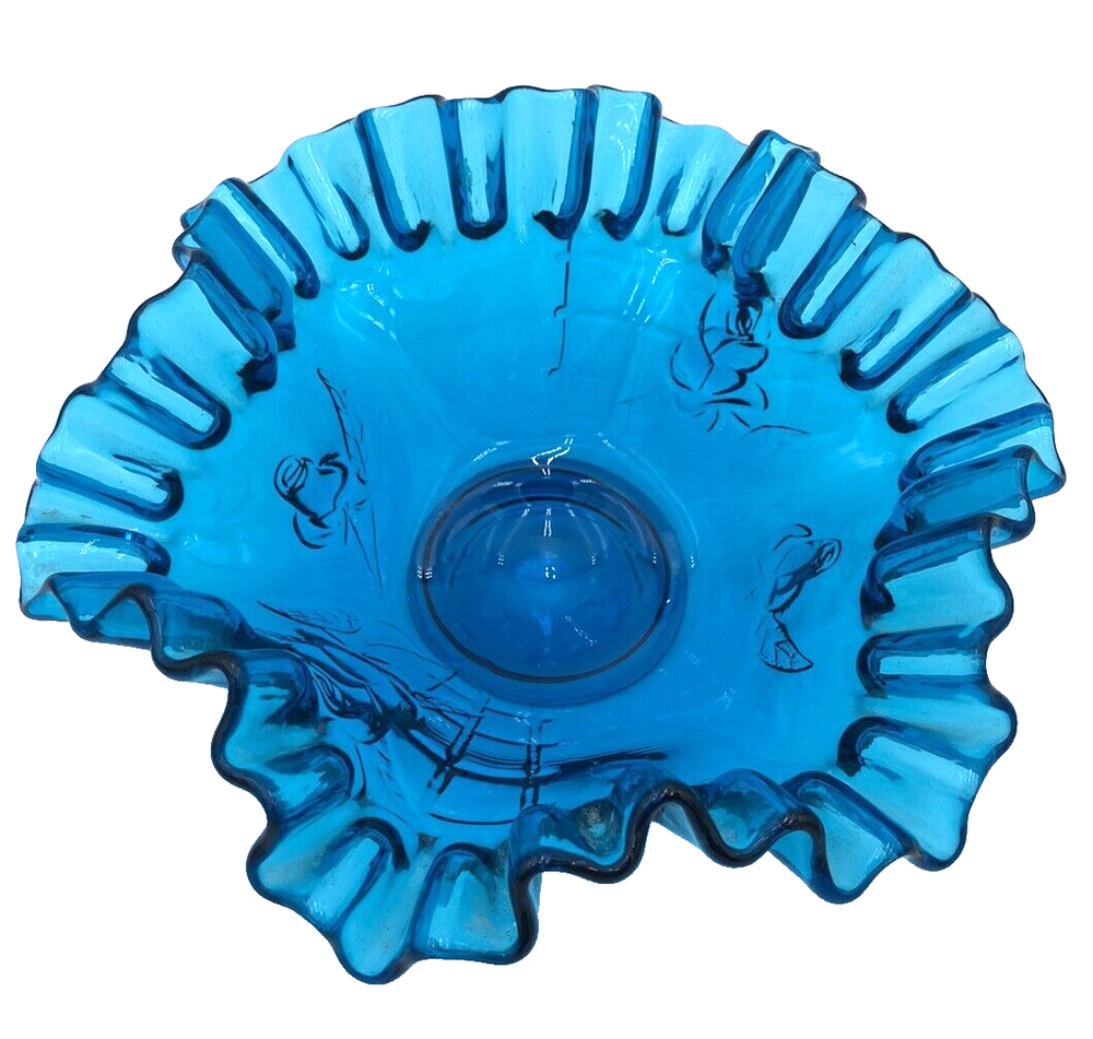 Vintage Westmoreland Capri Blue Crimped Bowl with Roses Lattice Design Mint Condition